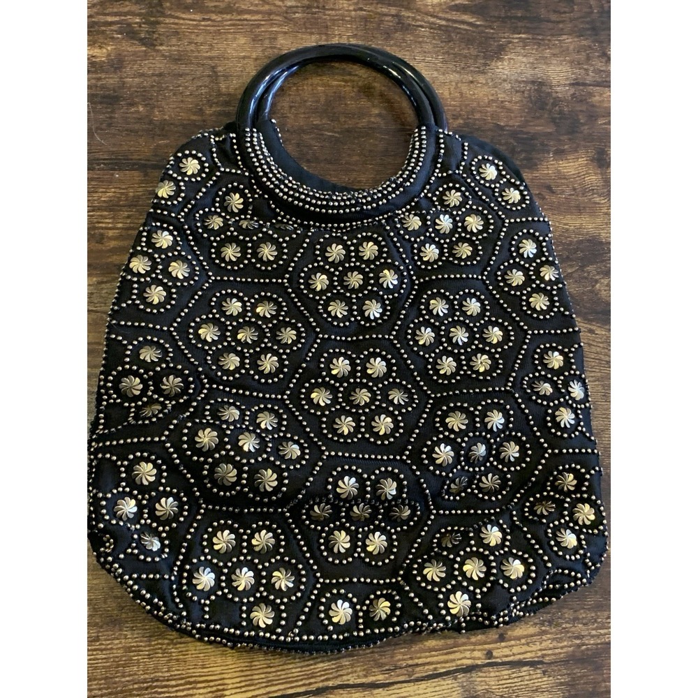 Vintage 1960s Black Beaded Handbag Black Handle & Gold Stud Embellishing Boho